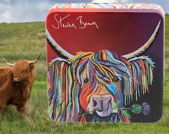 Lizzie McCoo Salted Caramel Fudge Tin , Scottish Artist Steven Brown, Scotttish Fudge, Highland Cow, Scottish Gift, Scottish Food, Gift Tin