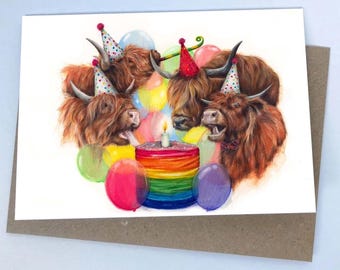 Scottish Highland Cow Birthday Card: Festive Highland Cows Art