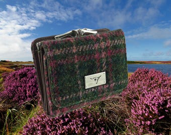Harris Tweed 'Unst' Small Purse in Dark Green and Plum Tartan Design, Outer Hebrides Tweed, Hand-loomed in Scotland, Scottish Gift for Her