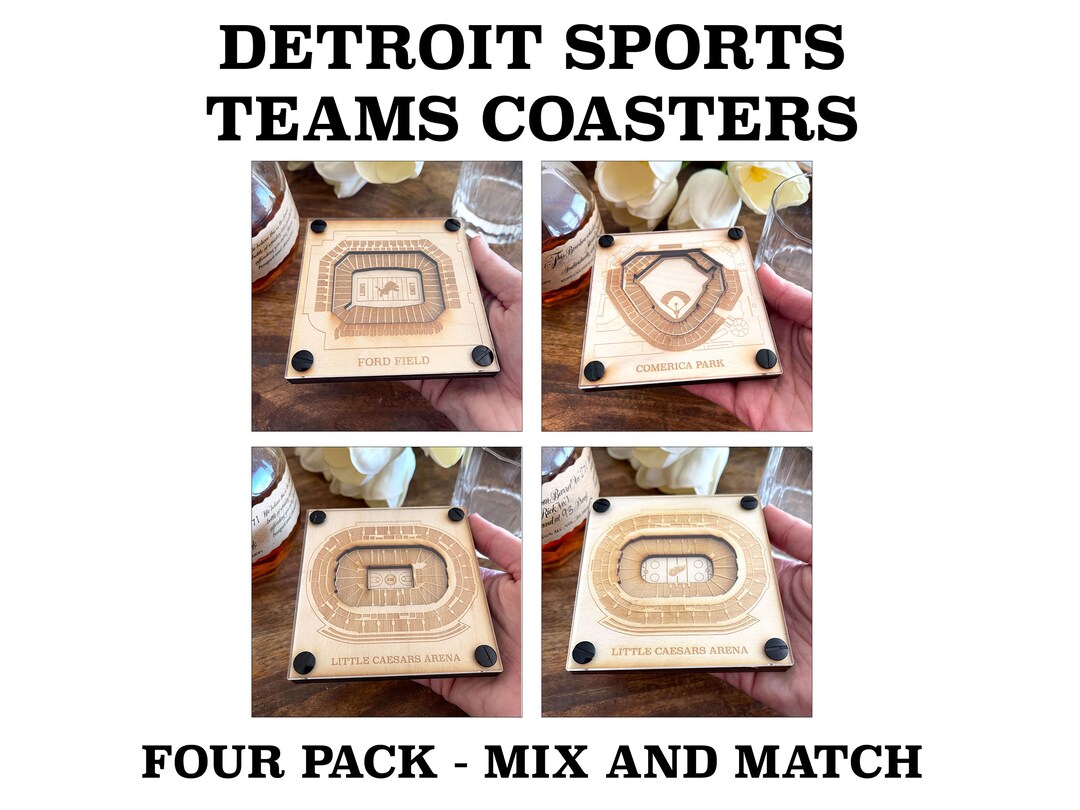 Detroit Sports Teams Layered Coaster set of 4, 3D Wood Coaster, Sports Coaster, Gift for Sports