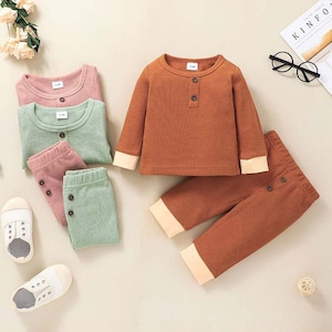 Soft waffle weave cotton | Long sleeve shirt and pants set | Baby clothing set | Baby shower gift | Baby birthday gift