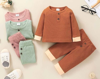 Soft waffle weave cotton | Long sleeve shirt and pants set | Baby clothing set | Baby shower gift | Baby birthday gift