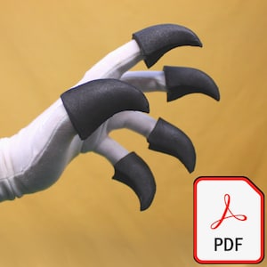 Könnte beinhalten: Weiße Stoff-Krallenhandschuhe mit schwarzen Krallen. Die Handschuhe haben ein realistisches Design, wobei jeder Finger in einer gebogenen, dunklen Kralle endet. Ein PDF-Symbol befindet sich in der unteren rechten Ecke.