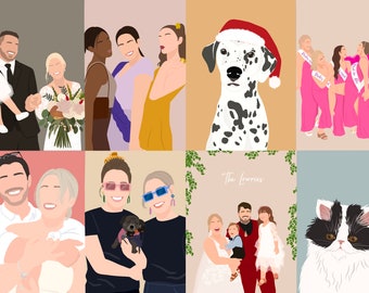 Minimalistisches Cartoon Porträt: Individuelle Kunst für Familie oder Haustier (Digitale Datei)