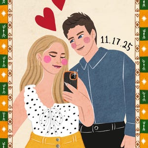 K&ouml;nnte beinhalten: Eine digitale Illustration von zwei Personen bei einem Spiegelselfie. Eine Person tr&auml;gt ein wei&szlig;es Oberteil mit Punkten und einen gelben Rock, die andere ein blaues Hemd und eine schwarze Hose. Zwei rote Herzen schweben dar&uuml;ber, Datum 11.17.25.