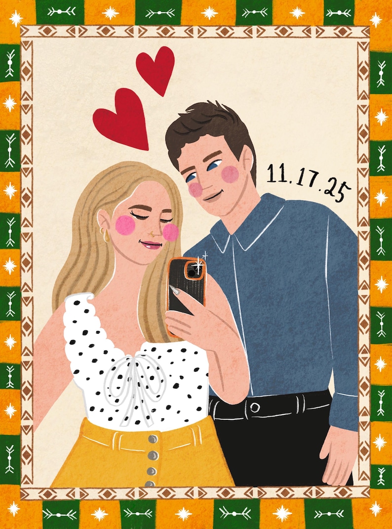 K&ouml;nnte beinhalten: Eine digitale Illustration von zwei Personen bei einem Spiegelselfie. Eine Person tr&auml;gt ein wei&szlig;es Oberteil mit Punkten und einen gelben Rock, die andere ein blaues Hemd und eine schwarze Hose. Zwei rote Herzen schweben dar&uuml;ber, Datum 11.17.25.