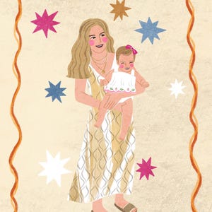K&ouml;nnte beinhalten: Eine digitale Illustration eines Erwachsenen mit langem blondem Haar, bekleidet mit einem &auml;rmellosen beigen gemusterten Kleid und braunen Pantoletten, der ein Baby in einem wei&szlig;en Kleid mit rosa Schleife h&auml;lt. Umrahmt von einem welligen orangefarbenen Rand.