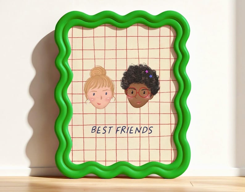 Puede incluir: Una impresi&oacute;n enmarcada con dos caras ilustradas de amigos sobre un fondo de cuadr&iacute;cula. El marco es de color verde brillante con un borde ondulado. Las palabras "BEST FRIENDS" est&aacute;n escritas en escritura negra en la parte inferior de la impresi&oacute;n.