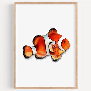 Impresión de arte mural de pez payaso para decoración de restaurantes, póster de pared moderno, impresión de acuarela oceánica, decoración artística de acuarela de pez payaso
