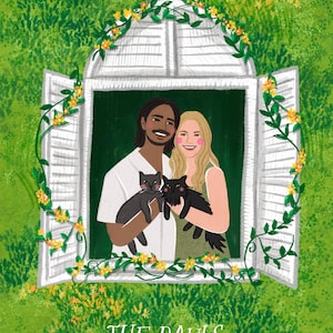 K&ouml;nnte beinhalten: Eine digitale Illustration von zwei Personen in einem wei&szlig;en Fensterrahmen mit offenen Fensterl&auml;den, umgeben von gr&uuml;nem Laub und gelben Blumen. Sie halten zwei schwarze Katzen. Der Text THE PAULS und 2026 steht am unteren Rand.