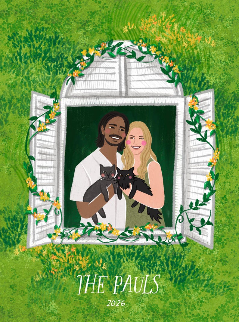 K&ouml;nnte beinhalten: Eine digitale Illustration von zwei Personen in einem wei&szlig;en Fensterrahmen mit offenen Fensterl&auml;den, umgeben von gr&uuml;nem Laub und gelben Blumen. Sie halten zwei schwarze Katzen. Der Text THE PAULS und 2026 steht am unteren Rand.