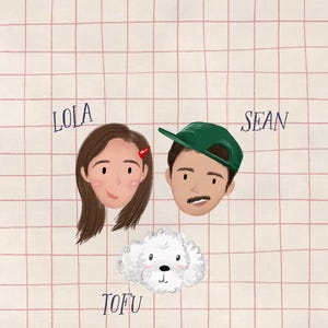 Puede incluir: Ilustraci&oacute;n de tres retratos de dibujos animados: una mujer llamada Lola, un hombre llamado Sean con una gorra verde y un perro blanco llamado Tofu. El fondo es un patr&oacute;n de cuadr&iacute;cula con l&iacute;neas rosas.