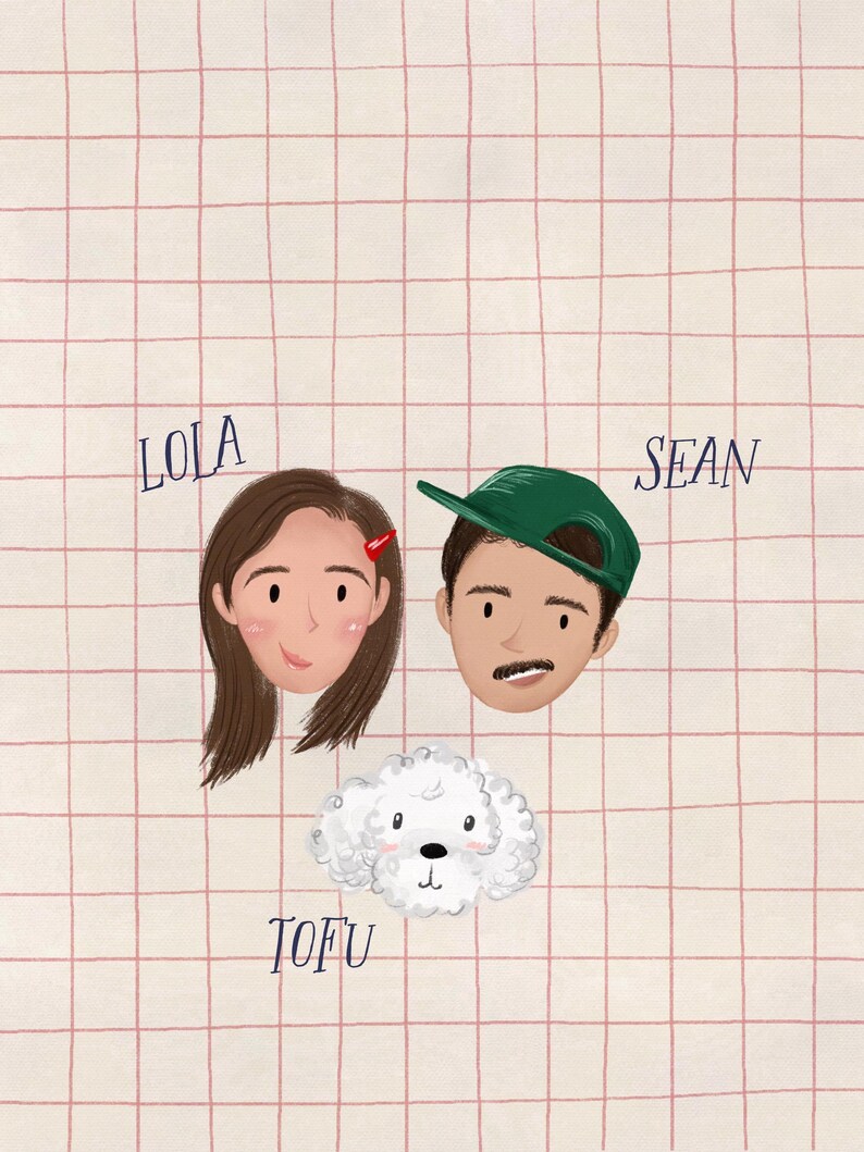 Puede incluir: Ilustraci&oacute;n de tres retratos de dibujos animados: una mujer llamada Lola, un hombre llamado Sean con una gorra verde y un perro blanco llamado Tofu. El fondo es un patr&oacute;n de cuadr&iacute;cula con l&iacute;neas rosas.