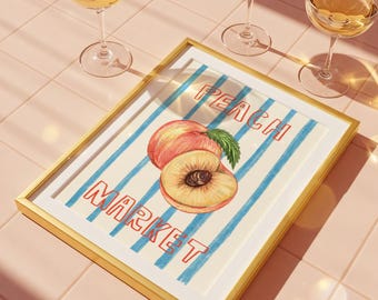 Trendy Wall art Peach market Print: Retro Kitchen Wall Art, Peach kitchen decor, Peach drawing, pencil drawing Peach
