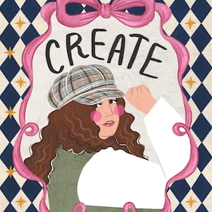 K&ouml;nnte beinhalten: Eine digitale Illustration einer Person mit langem, braunem, welligem Haar, die eine karierte Schieberm&uuml;tze, eine gr&uuml;ne Weste und ein wei&szlig;es Hemd tr&auml;gt. Das Motiv ist von einem rosa Band mit dem Wort CREATE in schwarzen Buchstaben umrahmt.
