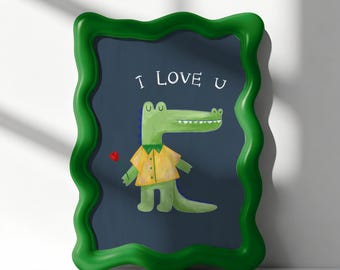 Blue Crocodile Transportation Nursery Print: Whimsical Kids Room Wall Art, Crocodile hand painting boys room decor