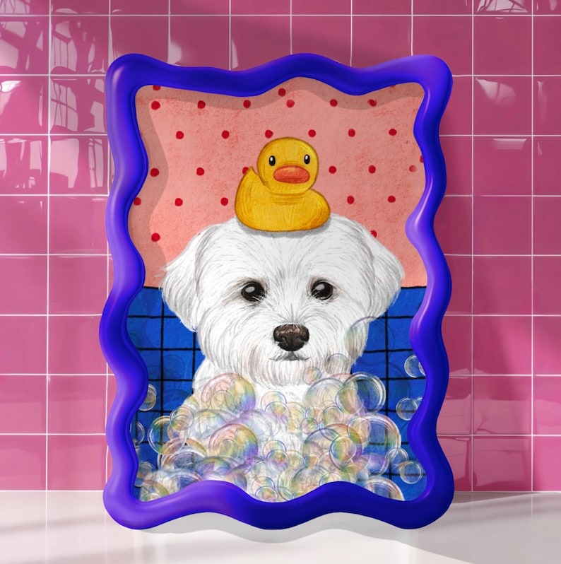 Bathroom Pet Portrait, Personalised Cute Pet Portrait, Bathroom Poster, Bathtime Dog, Cutest pet gift, Funky Pet Bathroom art, Bathroom wall image 1