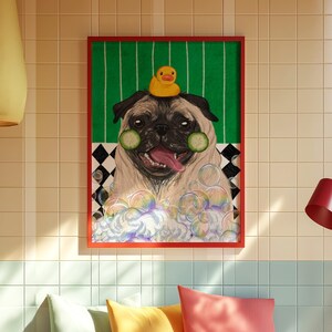 May include: A framed art print of a pug in a bubble bath, with cucumber slices and a rubber duck. The background features green and white stripes and a black and white checkered pattern. The artwork is in a red frame.