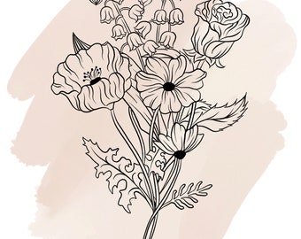 Moeders dagcadeau, AANGEPASTE GEBOORTEBLOEMkunst, gepersonaliseerd cadeau, geboortebloemtekening, lijntekening, aquarelbloem, geboortebloemtattoo