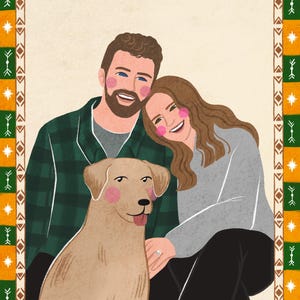 K&ouml;nnte beinhalten: Eine digitale Illustration einer b&auml;rtigen Person in einem gr&uuml;nen karierten Hemd, einer Person mit langem braunem Haar in einem grauen Pullover und einem beigen Hund. Umrahmt von einer Bord&uuml;re aus orangefarbenen und gr&uuml;nen Quadraten mit wei&szlig;en Symbolen.