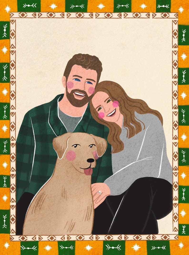 K&ouml;nnte beinhalten: Eine digitale Illustration einer b&auml;rtigen Person in einem gr&uuml;nen karierten Hemd, einer Person mit langem braunem Haar in einem grauen Pullover und einem beigen Hund. Umrahmt von einer Bord&uuml;re aus orangefarbenen und gr&uuml;nen Quadraten mit wei&szlig;en Symbolen.