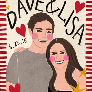 K&ouml;nnte beinhalten: Eine digitale Illustration eines Paares mit dem Text DAVE & LISA und 6.25.16. Das Bild zeigt eine Person mit kurzem braunem Haar in einem grauen T-Shirt und eine Person mit langem braunem Haar in einem schwarzen Oberteil, umgeben von roten Herzen, gelben Sternen und einem rot gestreiften Rand.