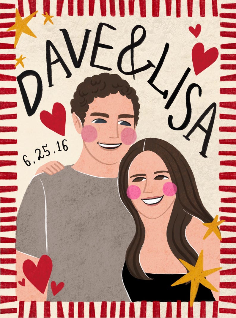 K&ouml;nnte beinhalten: Eine digitale Illustration eines Paares mit dem Text DAVE & LISA und 6.25.16. Das Bild zeigt eine Person mit kurzem braunem Haar in einem grauen T-Shirt und eine Person mit langem braunem Haar in einem schwarzen Oberteil, umgeben von roten Herzen, gelben Sternen und einem rot gestreiften Rand.