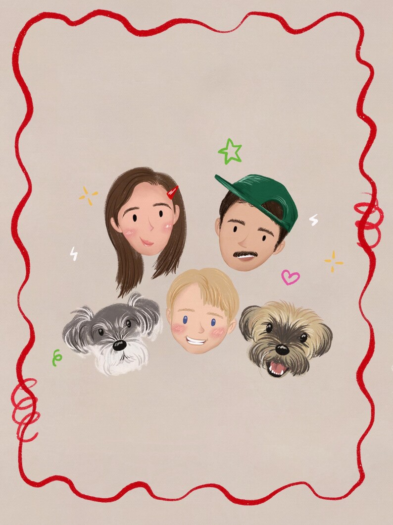 Ilustración personalizada, retrato de dibujos animados personalizado, dibujo a lápiz, retrato digital imprimible, regalo de Navidad personalizado, retrato familiar. imagen 12