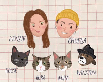 Custom Illustration, Personalised Cartoon Portrait, Pencil drawing, Digital Printable Portrait, Custom Christmas Gift, Family Portrait