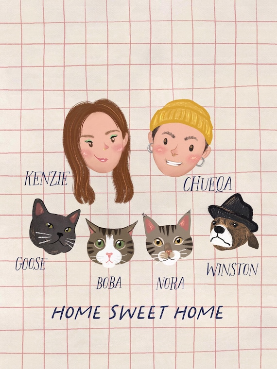 Custom Illustration, Personalised Cartoon Portrait, Pencil drawing, Digital Printable Portrait, Custom Christmas Gift, Family Portrait