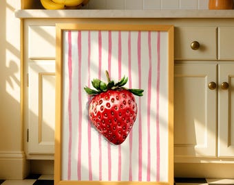 Strawberry stripe Kitchen Print: Minimalist Fruit Wall Art, Pink room decor, Strawberry art