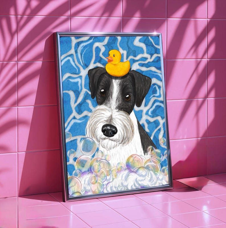 May include: Framed art print of a black and white dog wearing a yellow rubber duck on its head. The dog is set against a blue and white water pattern with bubbles. The frame is silver, and the background is pink.