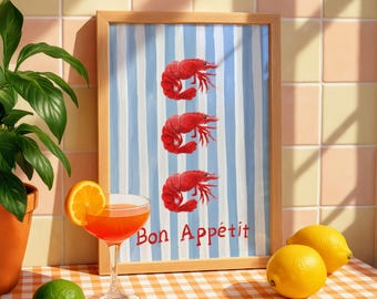 Trendy Prawn Print, Retro Kitchen Wall Art, Shrimp print, Modern wall art, seafood wall decor, bonappetit  print
