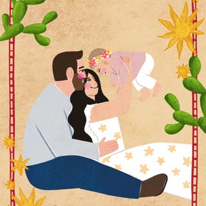 K&ouml;nnte beinhalten: Eine digitale Illustration einer Familie bestehend aus zwei Erwachsenen und einem Baby. Die Erwachsenen sitzen zusammen, wobei eine Person das Baby hochh&auml;lt. Die Szene ist von gr&uuml;nen Kakteen und gelben Sonnen auf beigem Grund umrahmt.