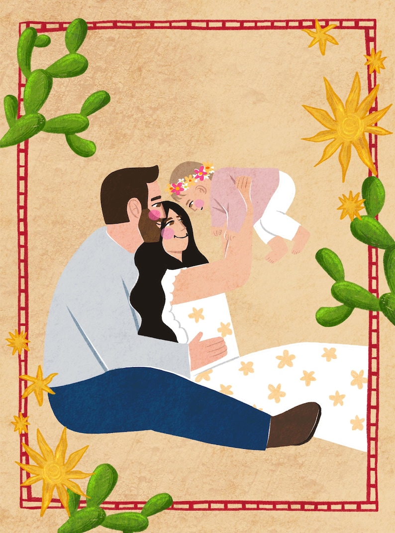 K&ouml;nnte beinhalten: Eine digitale Illustration einer Familie bestehend aus zwei Erwachsenen und einem Baby. Die Erwachsenen sitzen zusammen, wobei eine Person das Baby hochh&auml;lt. Die Szene ist von gr&uuml;nen Kakteen und gelben Sonnen auf beigem Grund umrahmt.