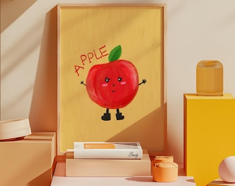 Apple Transportation Nursery Print: Whimsical Kids Room Wall Art, Alphabet fruit veges, Kids wall decor