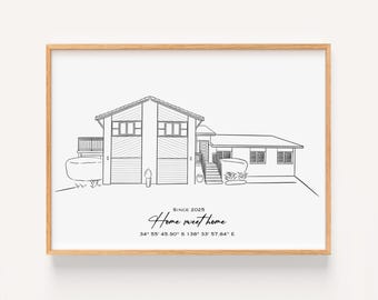 May include: A black and white line drawing of a house with the text "Home sweet home" and "Since 2025" below the house. The coordinates "34° 55' 45.90" S 138° 33' 57.84" E" are also included.