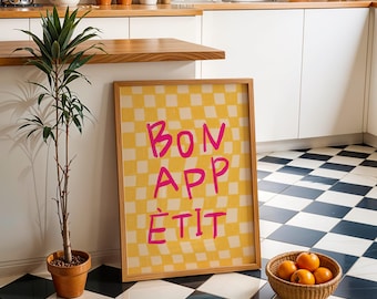 Trendy Bonappetit Print, Retro Kitchen Wall Art, Bonappetit poster, Modern wall art, check wall decor, bonappetit yellow print