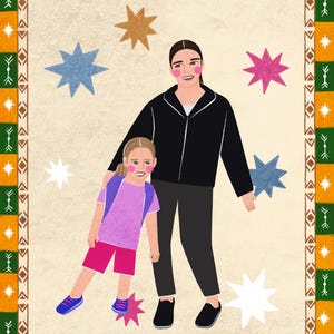 K&ouml;nnte beinhalten: Eine digitale Illustration von zwei Personen, die zusammenstehen. Eine Person tr&auml;gt eine schwarze Rei&szlig;verschlussjacke und eine schwarze Hose. Die andere Person tr&auml;gt ein violettes T-Shirt, pinke Shorts und blaue Turnschuhe. Der Hintergrund ist cremefarben mit bunten Sternen.