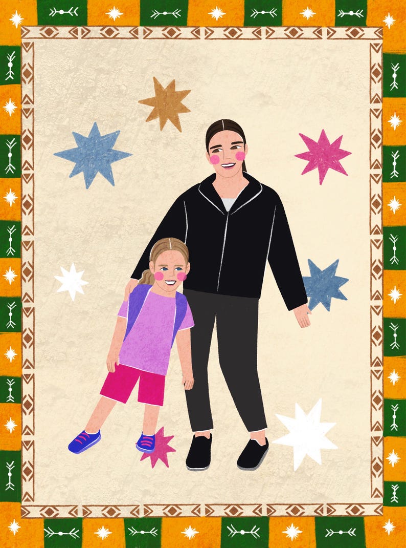 K&ouml;nnte beinhalten: Eine digitale Illustration von zwei Personen, die zusammenstehen. Eine Person tr&auml;gt eine schwarze Rei&szlig;verschlussjacke und eine schwarze Hose. Die andere Person tr&auml;gt ein violettes T-Shirt, pinke Shorts und blaue Turnschuhe. Der Hintergrund ist cremefarben mit bunten Sternen.
