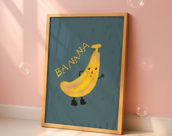 Banana Transportation Nursery Print: Whimsical Kids Room Wall Art, Alphabet fruit veges, Kids wall decor