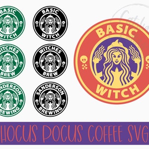 May include: A set of six printable SVG files featuring a parody of a popular coffee logo with a witch and the text "Basic Witch", "Witches Brew", and "Sanderson Brewing". The logos are in green, black, and red.