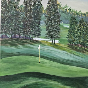 May include: An acrylic painting of a golf course with a green fairway and a white flag on the green. Tall, dark green trees line the left side of the course, and a light blue sky is in the background.
