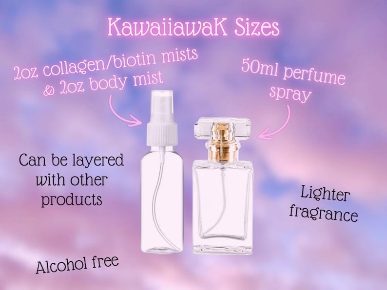 Op de afbeelding: Twee doorzichtige spuitflessen en een parfumfles worden getoond tegen een paarse achtergrond. De tekst geeft aan dat de producten collageen/biotine mist, bodyspray en parfumspray zijn. De parfumfles heeft een goudkleurige dop. De tekst zegt ook dat de producten alcoholvrij zijn en gelaagd kunnen worden.