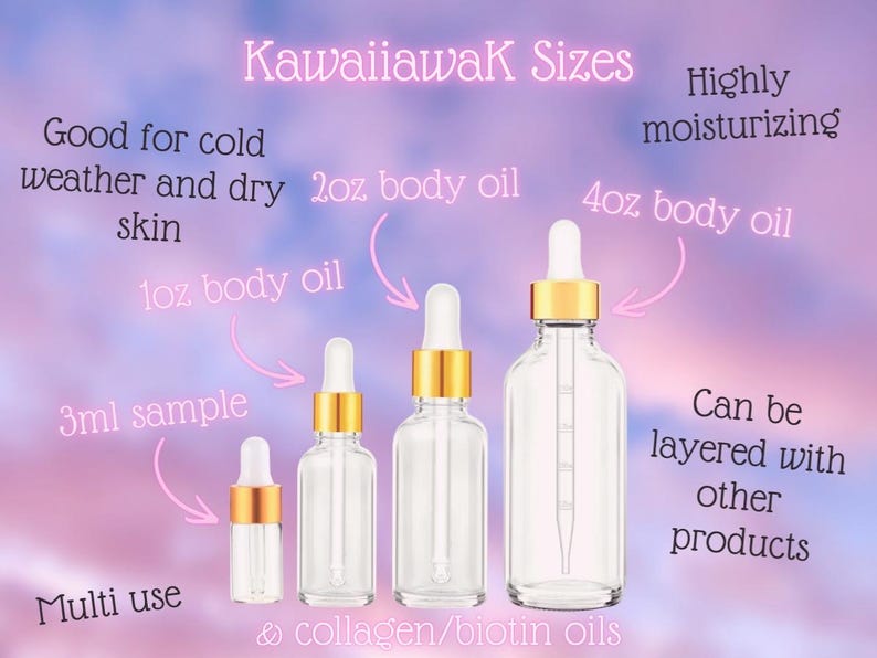 Puede incluir: Botellas de aceite corporal de vidrio transparente con tapas doradas y cuentagotas blancos. Tama&ntilde;os: muestra de 3 ml, 1 oz, 2 oz y 4 oz. El texto dice "Bueno para el clima fr&iacute;o y la piel seca" y "Altamente hidratante".