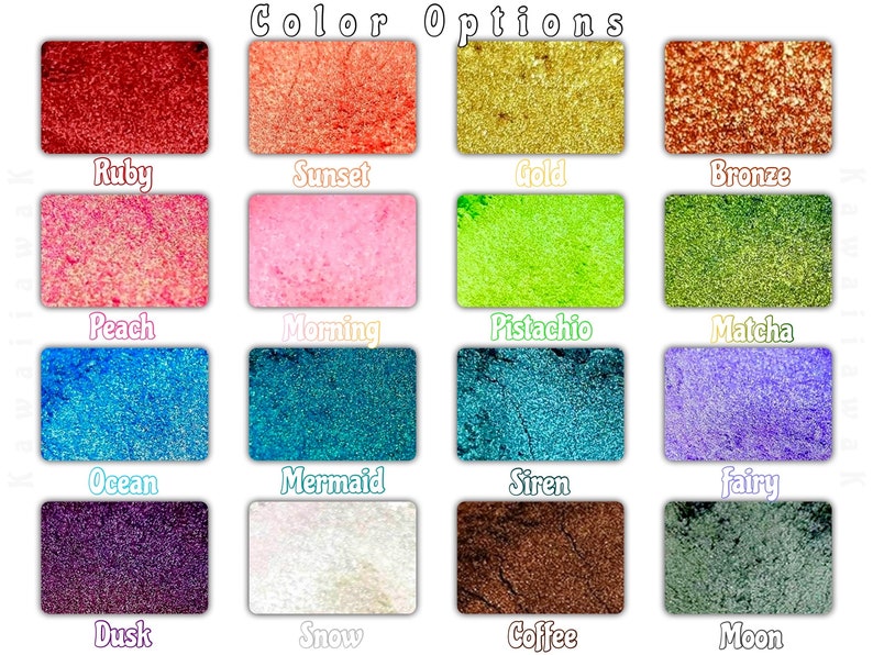 Puede incluir: Una carta de colores con diecis&eacute;is opciones de colores brillantes, cada una etiquetada con un nombre. Los colores incluyen Ruby, Sunset, Gold, Bronze, Peach, Morning, Pistachio, Matcha, Ocean, Mermaid, Siren, Fairy, Dusk, Snow, Coffee y Moon.