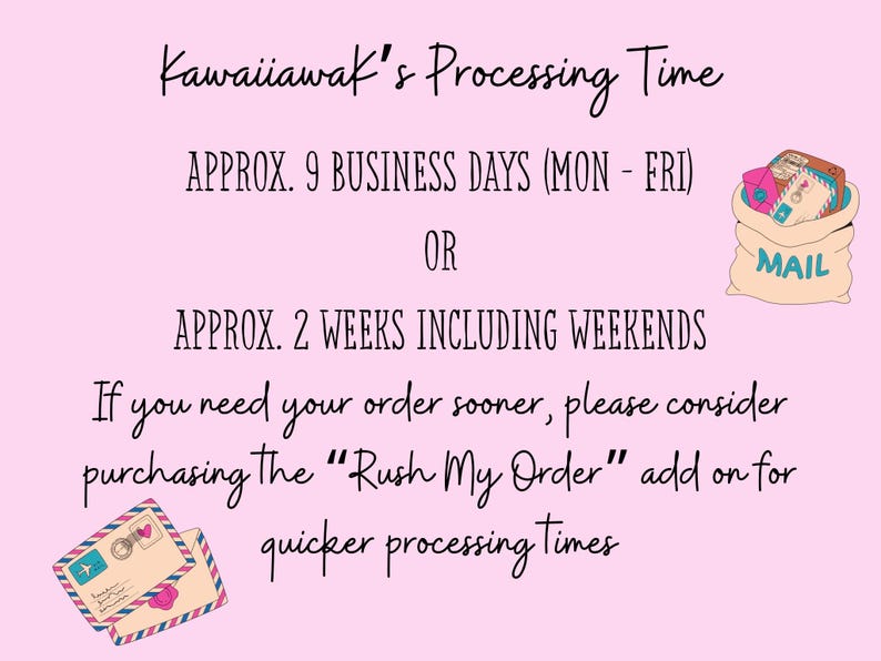 Puede incluir: Fondo rosa con texto: "Kawaiiawak's Processing Time". Indica que el procesamiento tarda aprox. 9 d&iacute;as laborables o aprox. 2 semanas, incluyendo fines de semana. Incluye ilustraciones de un saco de correo y sobres.