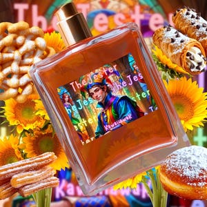 May include: A perfume bottle with a gold cap and a label featuring a colorful illustration of a jester. The bottle is surrounded by sunflowers, pastries, and the text "The Jester". The background is a stained-glass window design.
