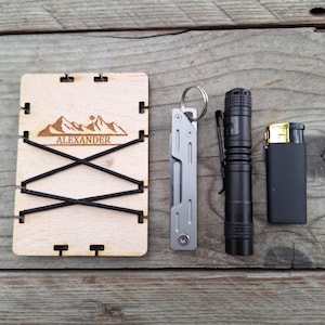 personalisierte EDC-Karte Buchenholz, Namen, Motiv, Outdoor, Camping, Geburtstag, Männergeschenk, Bergsteigen, every-day-carry, Organizer