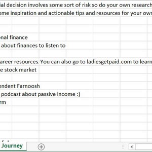 Op de afbeelding: Een spreadsheet met een lijst van bronnen voor persoonlijke financi&euml;n, waaronder podcasts, websites en financi&euml;le instellingen. De spreadsheet heeft de titel "Resources for Your Journey" en bevat categorie&euml;n zoals "Investeringsonderwijs", "Hoogrentende spaarrekeningen" en "Idee&euml;n voor passief inkomen".